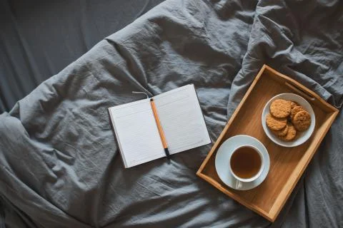 Morning. Breakfast in the bed Stock Photos