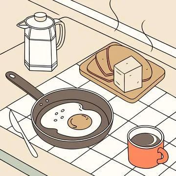 Morning Breakfast Cooking Vector Set with Frying Pan and Egg Stock Illustration