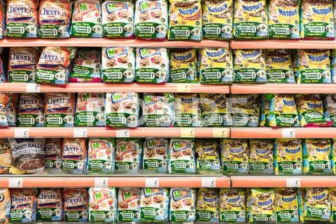 Morning Cereals Packs On Supermarket Stand Stock Photos