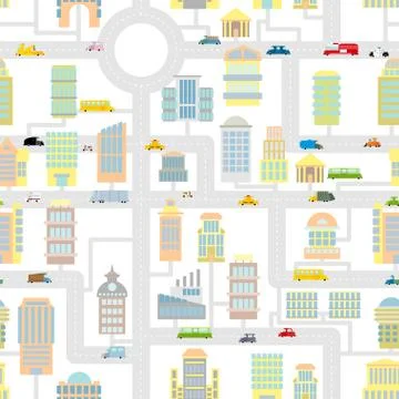 Morning city seamless pattern.  Texture Cartoon cute map for baby tissue. Bus Illustrazione stock