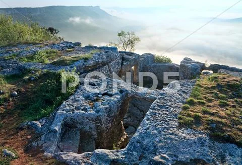 Morning cloudy view from top of mangup ancient settlement Stock Photos