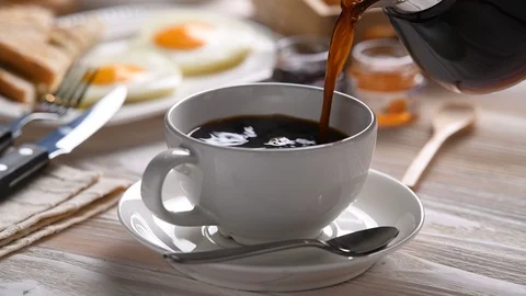 Morning coffee with breakfast . Видео 129418821