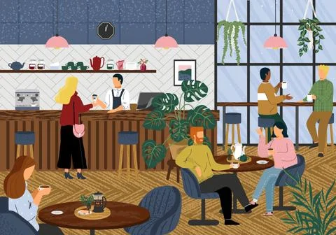 Morning coffee in cafe concept vector illustration. People at a table in a Stock Illustration