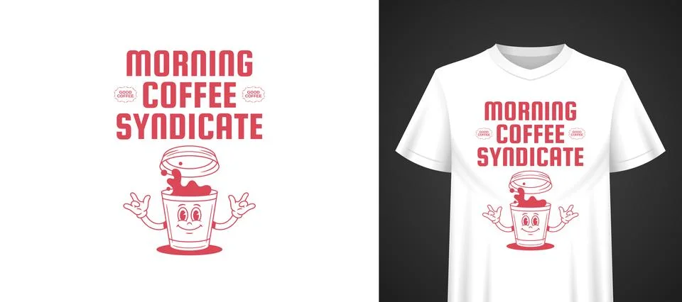 Morning Coffee Syndicate Vector Template  Cartoon TShirt Print Stock Illustration