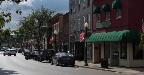 Morning Establishing Shot of Generic Small Town Main Street Storefronts Stock Footage
