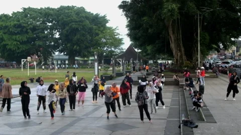 Morning exercise in the town square Stock Footage 273991210