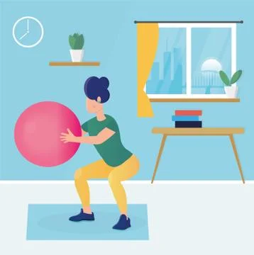 Morning exercises of a young girl with a Swiss ball, physio ball Stock Illustration