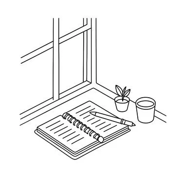 Morning journaling and routine vector line illustration with open diary, pen, ho Stock Illustration
