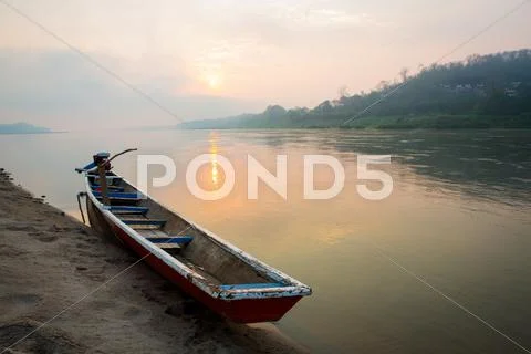 Morning of the lake with the boat Stock Photos