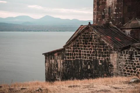 Morning on Lake Sevan in Armenia and Monastery Stock Photos