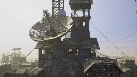 Morning light emphasizes resilient satellite dish overlooking harbor structures Vídeo Stock 343625745