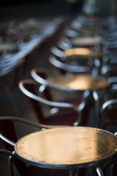 Morning Light Reflects on Bar Tables in Plaza Mayor Salamanca Stock Photos