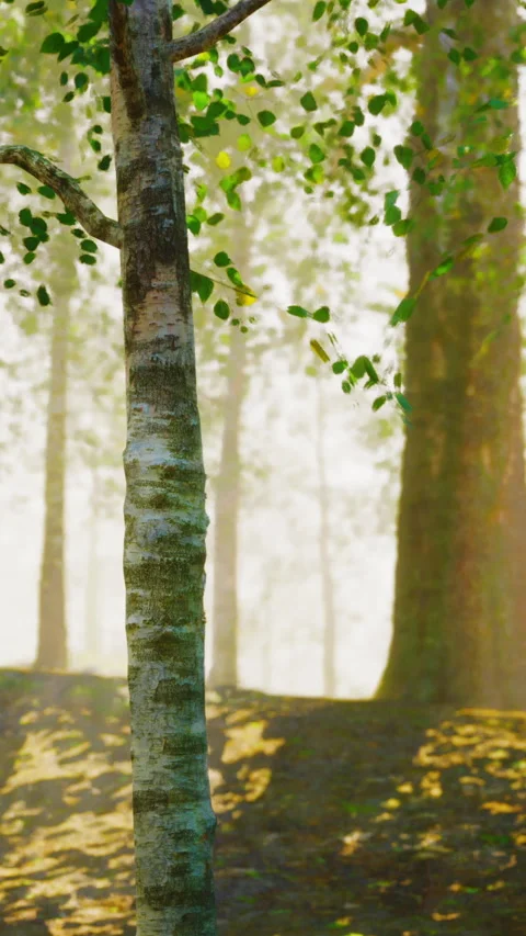 Morning light shines through trees in a forest with mist and shadows Stock Footage 341983794
