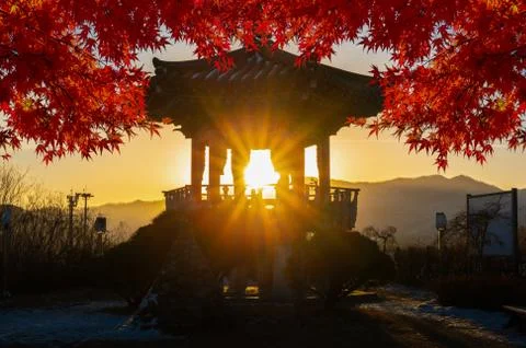 The morning light splashed through the pavilion during the autumn leaves Stock-Fotos