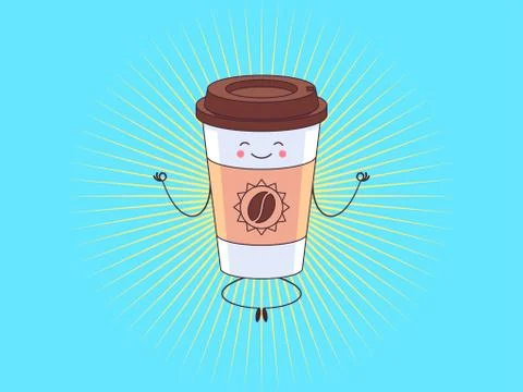 Morning meditation with coffee cup. Cartoon cute character and mascot for caf Stock Illustration