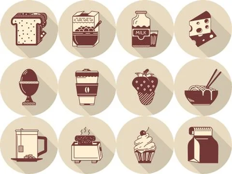 Morning menu flat brown vector icons Stock Illustration