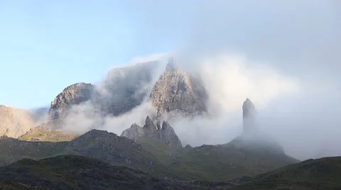 Morning mist rolling through the Storr rock formation on the Isle of Skye. Stock Footage 64295811