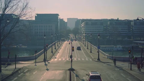 Morning over an intersection before a bridge crossing the Seine in Paris, Stock Footage 104314826