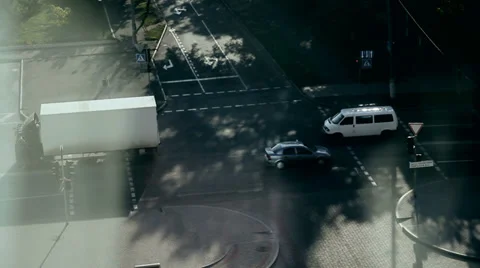 Morning. Road intersection. Slow movement of transport. Top view of the house Stock Footage 35414537