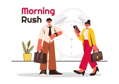Morning Rush Vector Illustration featuring People Rushing to Businesses, Mo.. Stock Illustration
