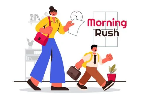 Morning Rush Vector Illustration featuring People Rushing to Businesses, Mo.. Stock Illustration