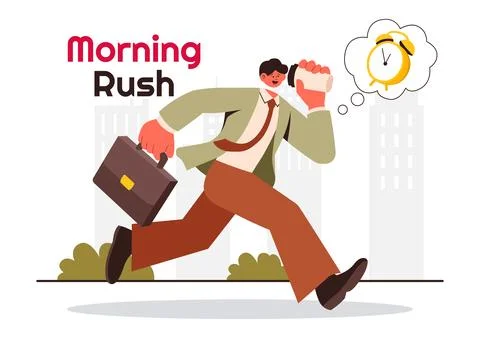 Morning Rush Vector Illustration featuring People Rushing to Businesses, Mo.. Stock Illustration