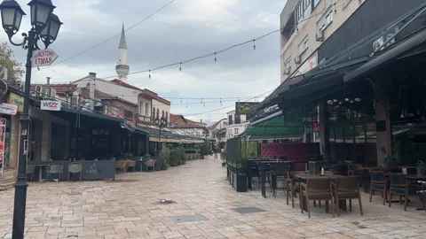 Morning Scene Empty Streets Tables Chairs Old Bazaar Skopje Stock Footage 322901077