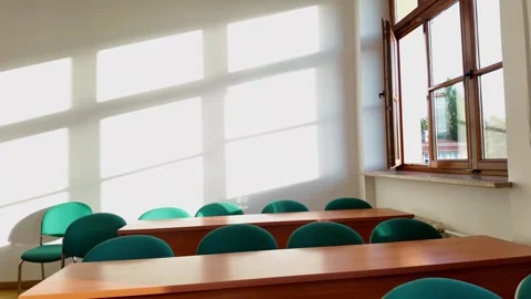 Morning sun light in empty classroom-  back to school concept Stock Footage 335876887