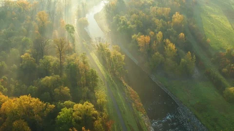 Morning sunrise with rays breaking through fog over river and for Stock Footage 118794102