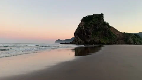 Morning surf at South Piha beach with Lion Rock in the background. Bird flying. Stock Footage