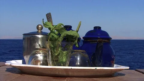 Morning tea on the beach in Egypt Stock Footage 111997532