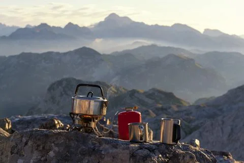 Morning tea high in the mountains Stock Photos