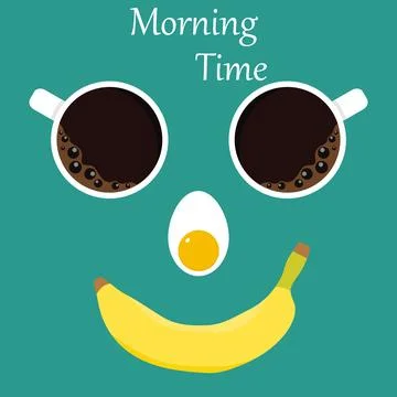Morning time concept creative breakfast face made of coffee cups boiled Stock Illustration