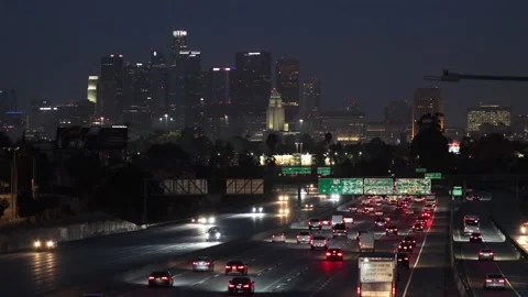 Morning traffic on Interstate 10 heading into downtown Los Angeles Stock Footage 247790599