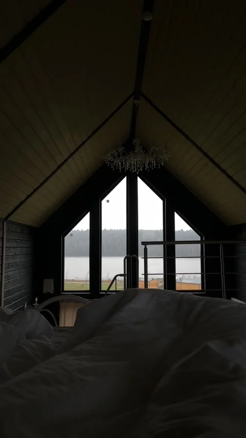 Morning View from Bed in Luxury A-Frame Cabin. Cozy Interior Stock Footage 320563570