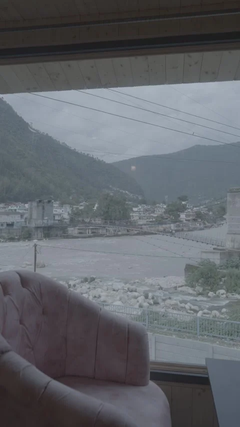 Morning view of mountains, river and sky from the window Stock Footage 313032453