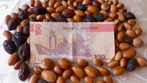 Moroccan 100 dirham banknote over Argan seeds Stock Photos