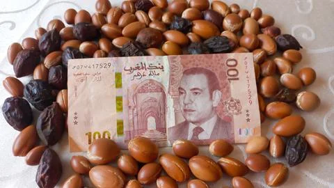 Moroccan 100 dirham banknote over Argan seeds Stock Photos