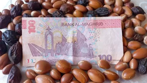 Moroccan 100 dirham banknote over Argan seeds Stock Photos