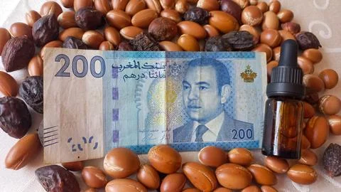 Moroccan 200 dirham banknote over Argan seeds Stock Photos