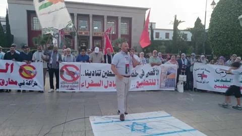 Moroccan activists demonstrate in support of Palestine in front of Parliament in Stock Footage 346917319