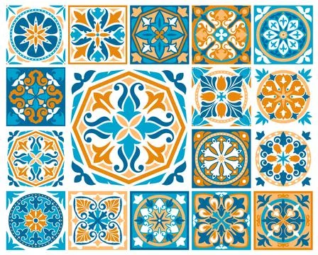 Moroccan and azulejo tile patterns, floral mosaic Stockillustratie