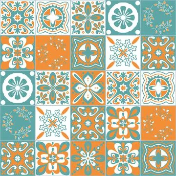 Moroccan arabic wall decoration style, green orange seamless pattern vector i Stock Illustration