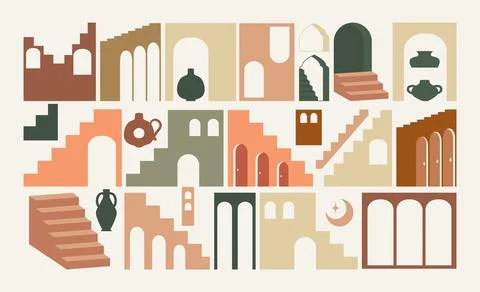 Moroccan architecture decorative elements. Morocco buildings, arched gates, w Ilustración de archivo