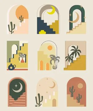 Moroccan architecture decorative elements. Morocco buildings, arched gates, w Stock Illustration