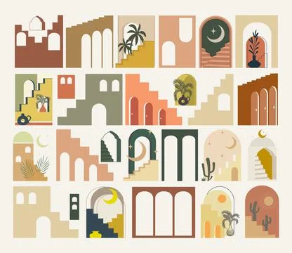Moroccan architecture decorative elements. Morocco buildings, arched gates, w Ilustración de archivo