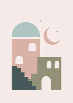 Moroccan architecture elements and moon poster illustration 스톡 일러스트