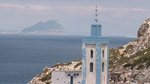 Moroccan blue mosque overlooking the sea Stock Footage 73659873