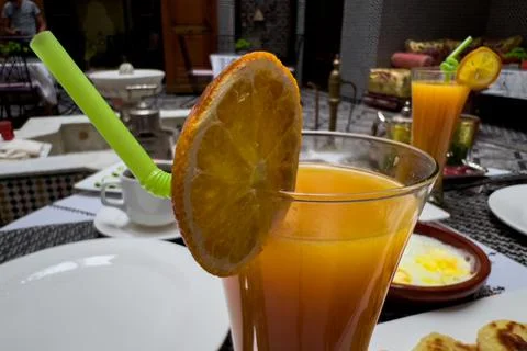 Moroccan breakfast served inside a luxurious riad in the old medina of Fez Stock Photos