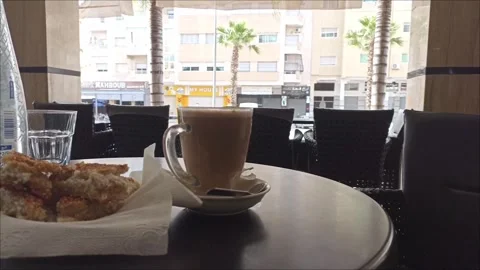 Moroccan Cafe Breakfast with Milk Coffee and Bread Stock Footage 334606938